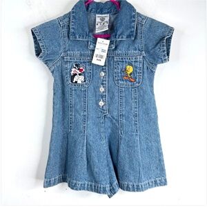 NWT VTG 90s Warner Bros Embroidered Denim Romper Kids XXS Looney Tunes Tweety